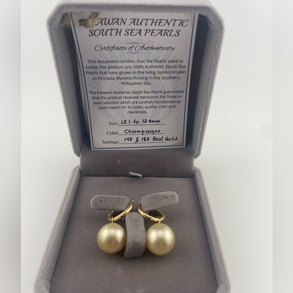 18K Gold Huggies w/ Champagne South Sea Pearl Drops | 12mm - Picture 8 of 16